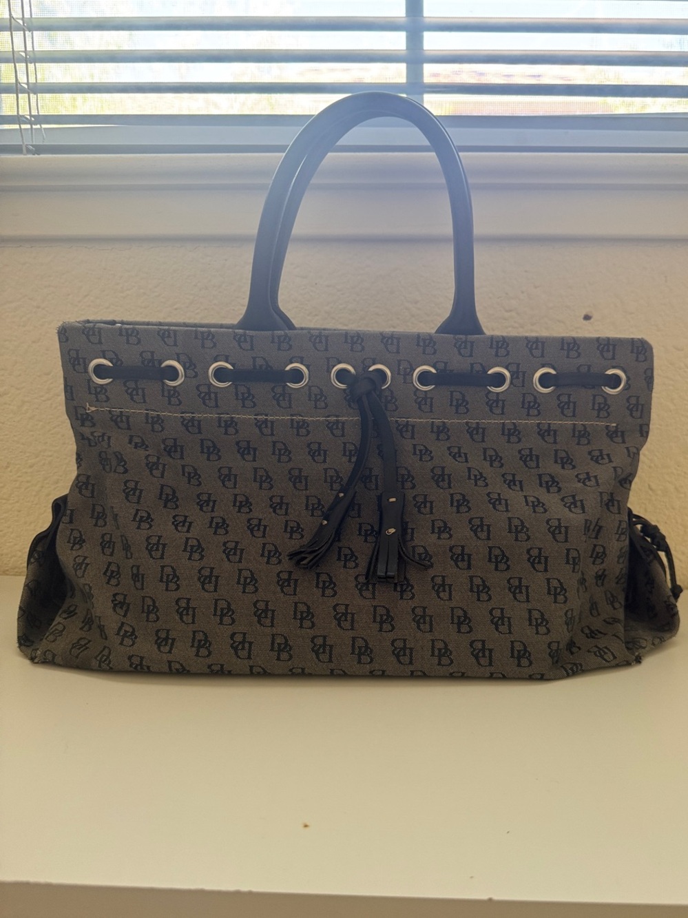 Vintage Dooney & Bourke Gray Monogram Tote with Tassel Drawstring